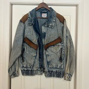Vintage IN CROWD acid Washed Denim Bomber Jacket with Lamb leather trim